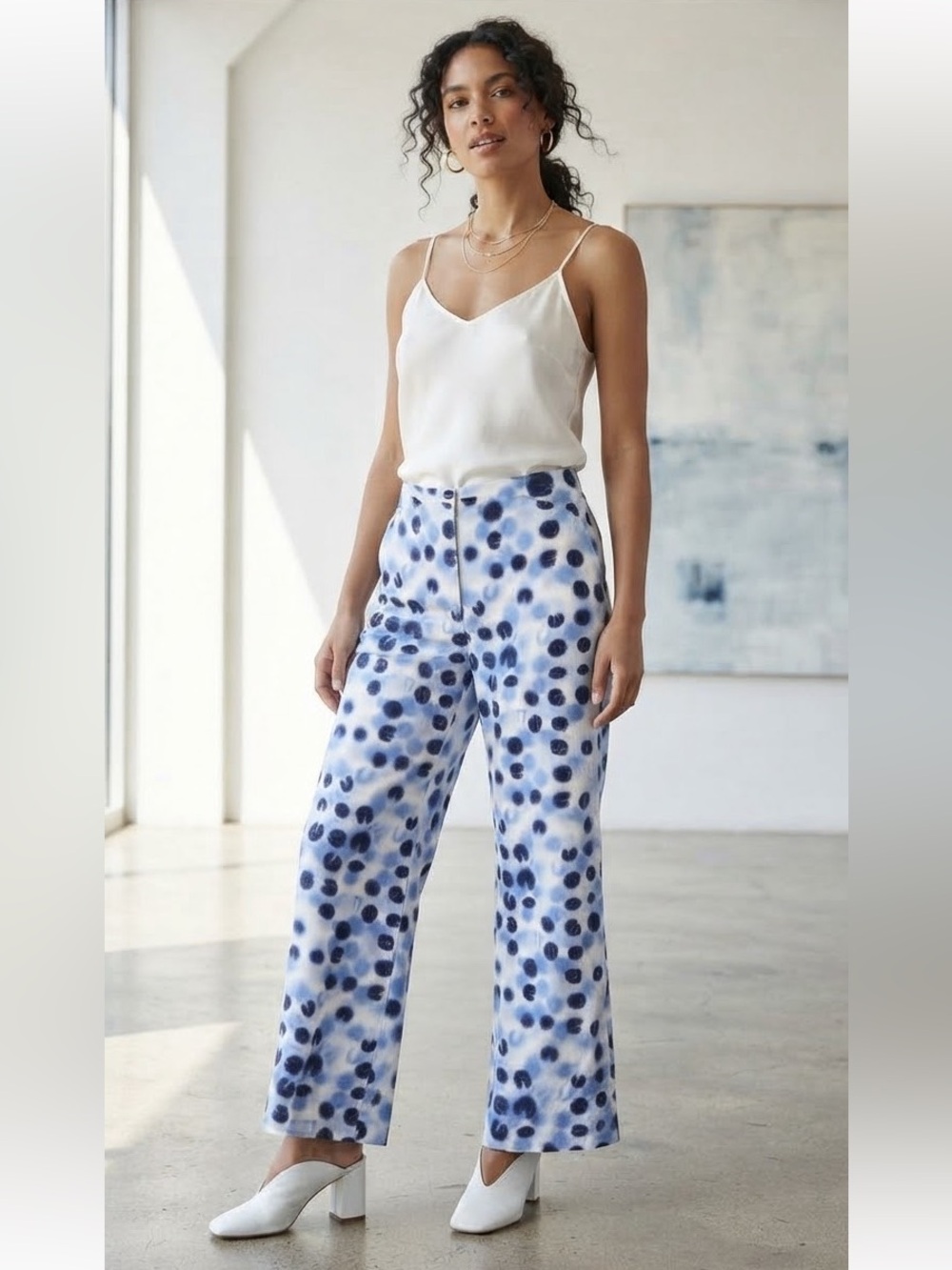 Willi Smith Wide Leg Pants Fun Spotted Blue White Business Preppy Women’s Size 8